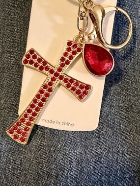 Mint Red Crystal Cross & Teardrop Keychain with Gold Hardware